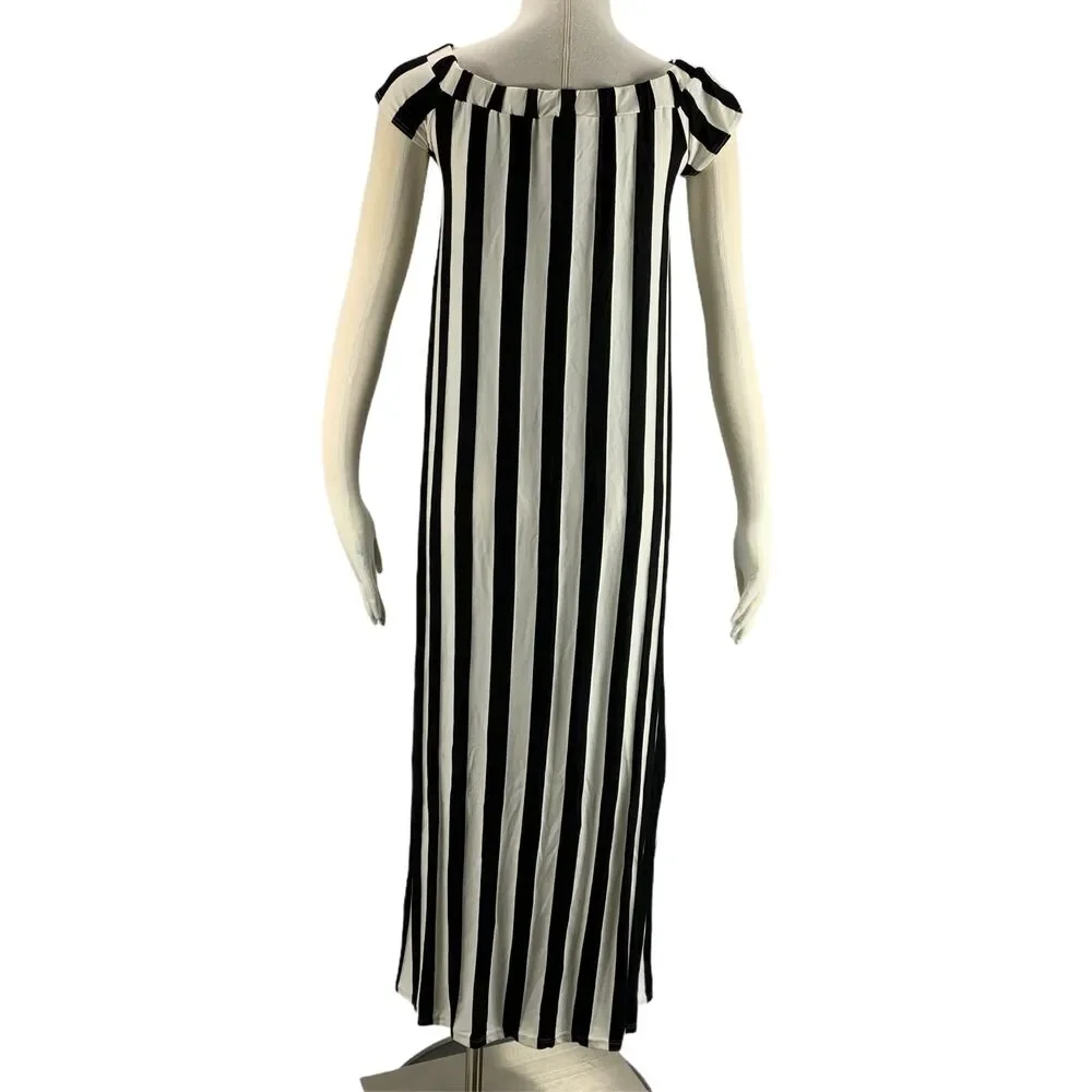 J Mode NWT Small Black White Striped Dress Maxi d682 Stretch Rayon